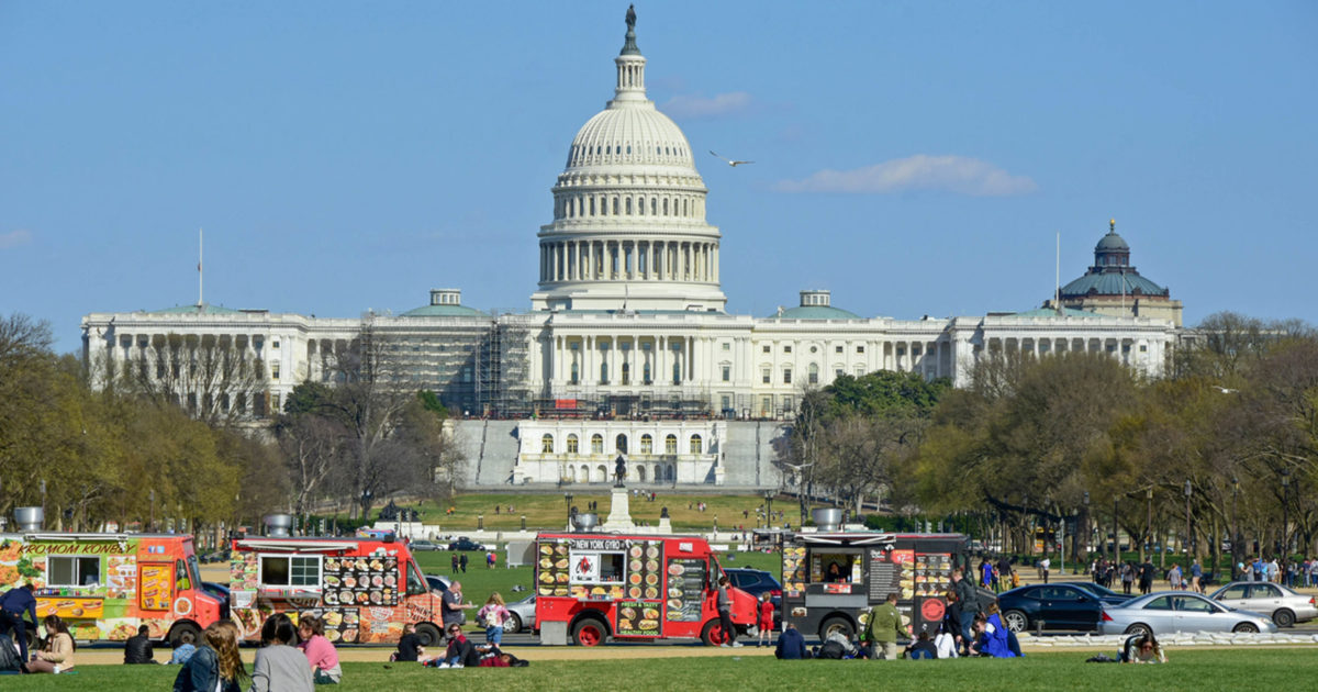 Food trucks line up on the National Mall near the U.S. Capitol.