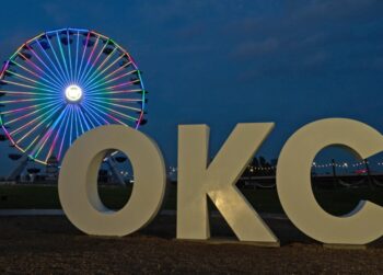 Iconic OKC Sign with the Wheeler Ferris Wheel