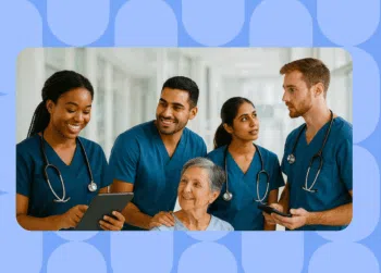 A group of diverse Gen Z nurses in blue scrubs collaborate with a patient in a bright, modern hospital corridor. One nurse smiles while using a tablet, another supports the patient, and two others engage in conversation, symbolizing teamwork and the future of healthcare.