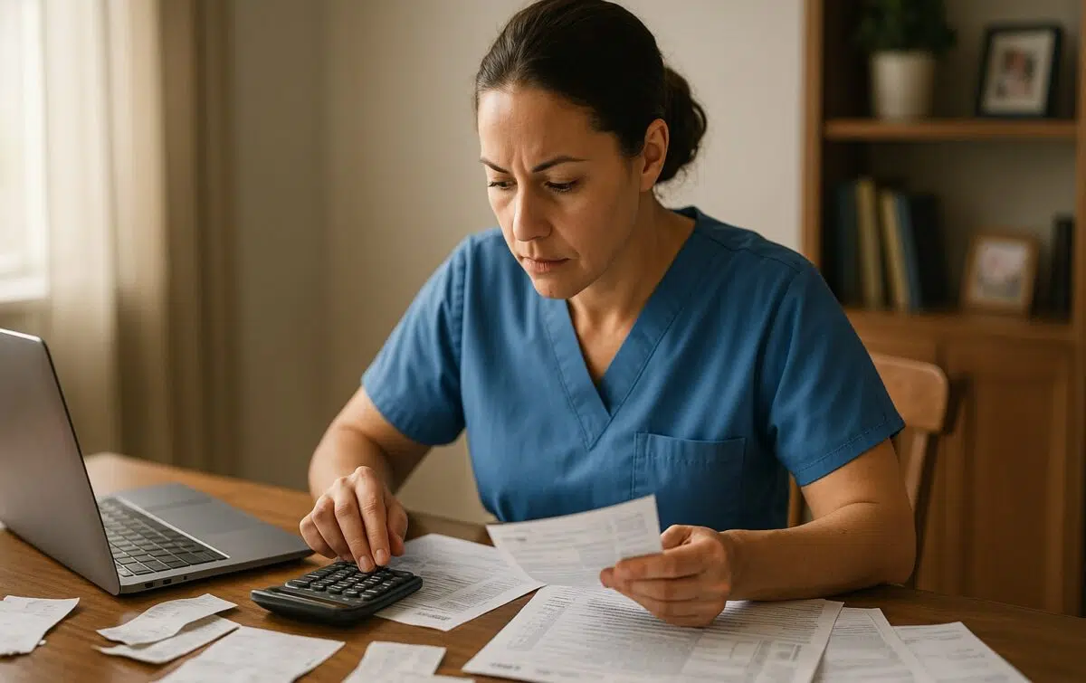 A nurse in blue scrubs sits at a desk using a calculator and reviewing tax documents with a laptop open beside her.