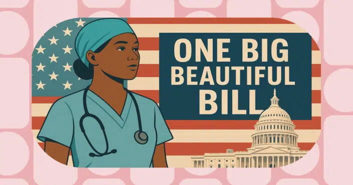 Nurse in scrubs with the U.S. Capitol dome and “One Big Beautiful Bill” text, framed inside a rounded pink border.