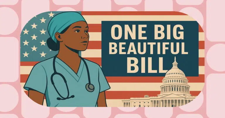 Nurse in scrubs with the U.S. Capitol dome and “One Big Beautiful Bill” text, framed inside a rounded pink border.