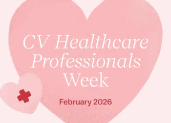 Pink heart graphic reading “CV Healthcare Professionals Week” with “February 2026” and a small red cross icon.