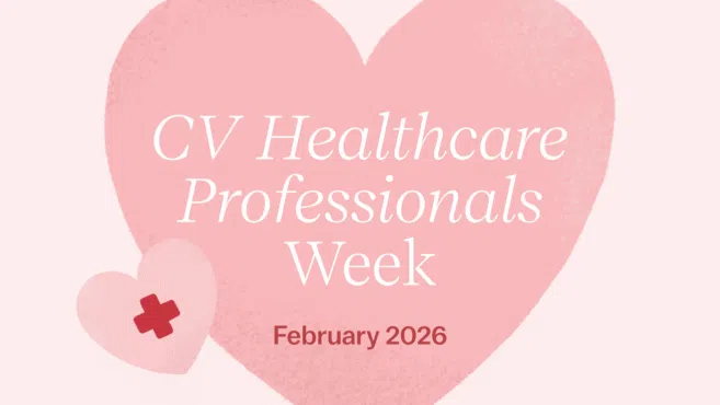 Pink heart graphic reading “CV Healthcare Professionals Week” with “February 2026” and a small red cross icon.