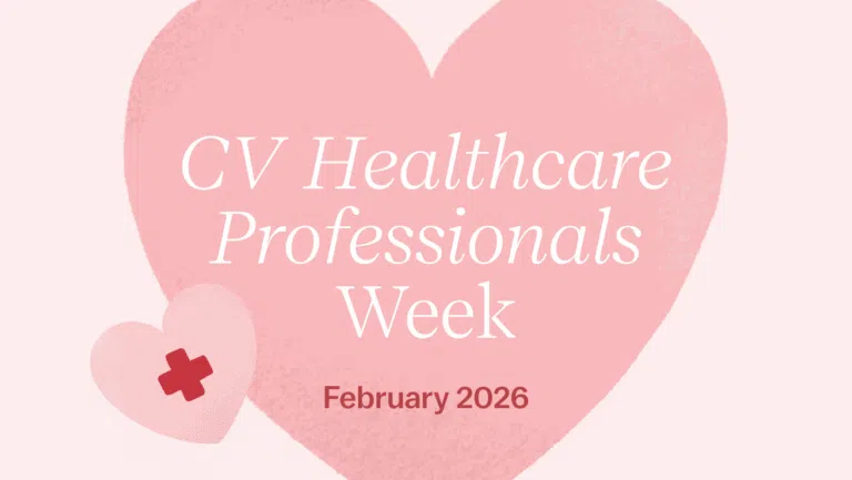 Pink heart graphic reading “CV Healthcare Professionals Week” with “February 2026” and a small red cross icon.