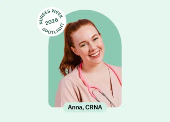 Nurses Week 2026 spotlight graphic featuring Anna, CRNA smiling with a stethoscope.