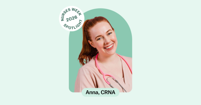Nurses Week 2026 spotlight graphic featuring Anna, CRNA smiling with a stethoscope.