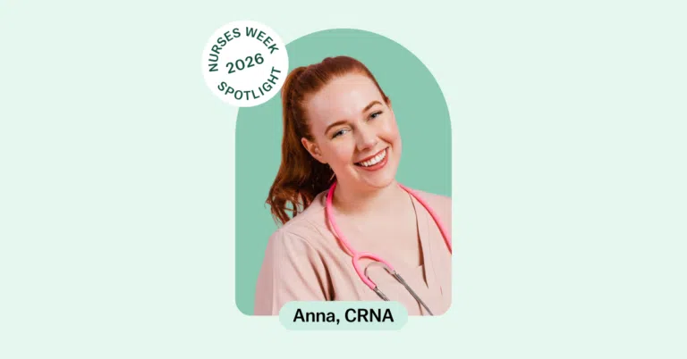 Nurses Week 2026 spotlight graphic featuring Anna, CRNA smiling with a stethoscope.