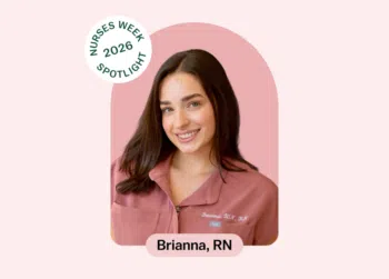 Nurses Week 2026 spotlight graphic featuring Brianna, RN in pink scrubs.