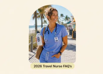 Travel nurse in blue scrubs walking through a sunny beach town with text reading 2026 Travel Nurse FAQs.