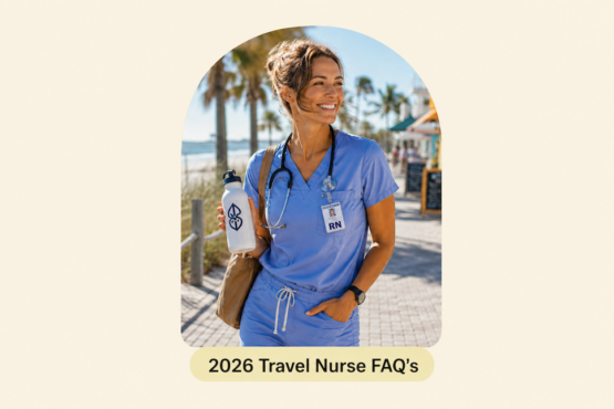 Travel nurse in blue scrubs walking through a sunny beach town with text reading 2026 Travel Nurse FAQs.