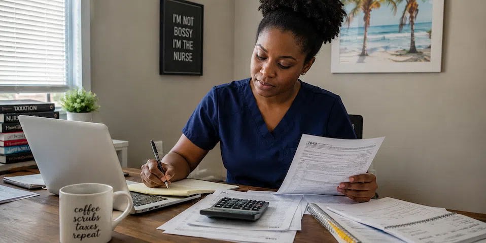 Travel nurse in navy scrubs reviewing tax forms at a home office desk.