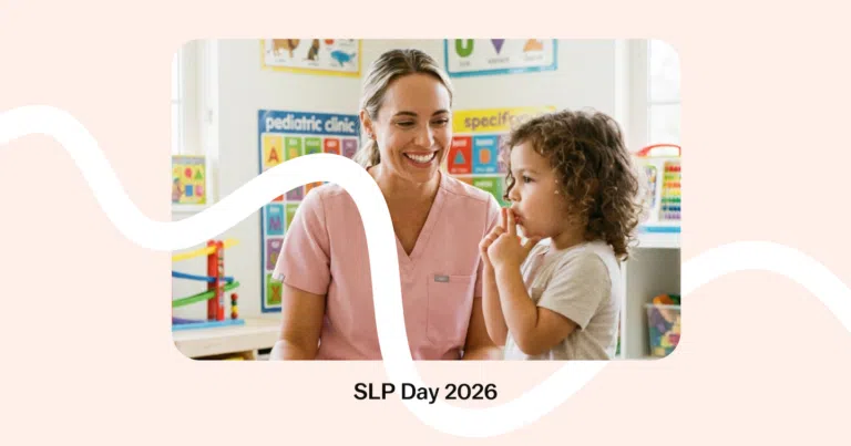 Speech-language pathologist working with a child in a pediatric therapy setting for SLP Day 2026