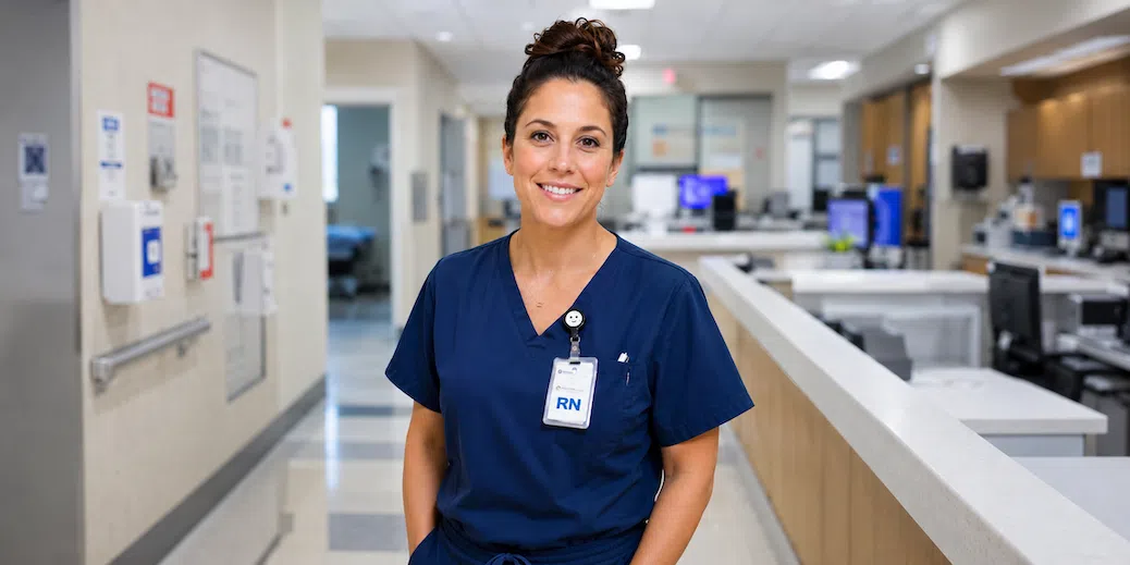 Registered nurse in navy scrubs standing in a bright modern hospital corridor.