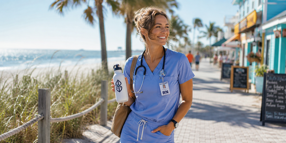 Travel nurse in blue scrubs walking near the beach in a sunny coastal town.